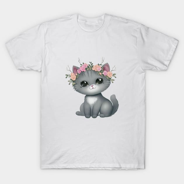 adorable kitty wearing floral wreath T-Shirt by RandyArt